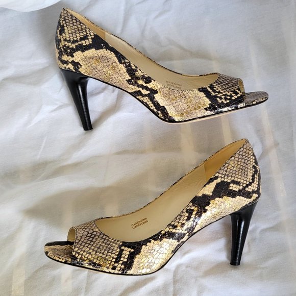 VIA SPIGA Brown Cream Gold Snakeskin Leather Peep Toe Pumps Heels 7 - Picture 2 of 4